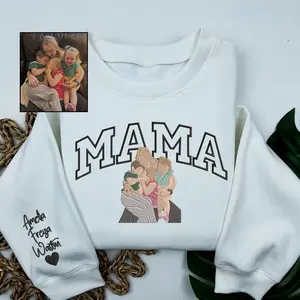 Custom Mom Portrait Embroidered Sweatshirt – Personalized Gift with Photo & Kids Names for Mother’s Day – Gift For New Mom