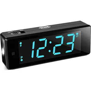 Digital  Clock  Operated Night Visiable with Hybrid LED/LCD Time Display,  Flashlight, Small Travel Clock for Bedroom Bedside (Blue Display)