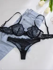 Women's Solid Color Underwire Lace Bra & Panty Two-Piece Set, Soft Comfortable Breathable Lingerie Set, Lingerie Set for Women, Womenswear, Underwear Women