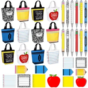 6/12 Pcs Back to School Teacher Gift Bags Canvas Tote Bags with Pencil Crayon Marble Notebook Apple Pattern Thank You Gift Handbags for Teacher Student,School Study Supplies,Welcome First Day of School Teacher Appreciation Class Rewards Gift