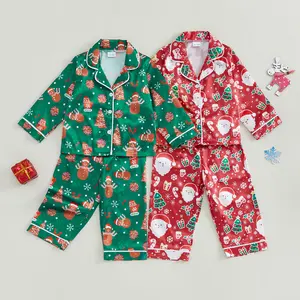 2Pcs Toddler Baby Kids Unisex Christmas Pajamas Set Santa Claus Cookie Print Long Sleeve Tops With Pants Sleepwear Winter Pajamas Set
