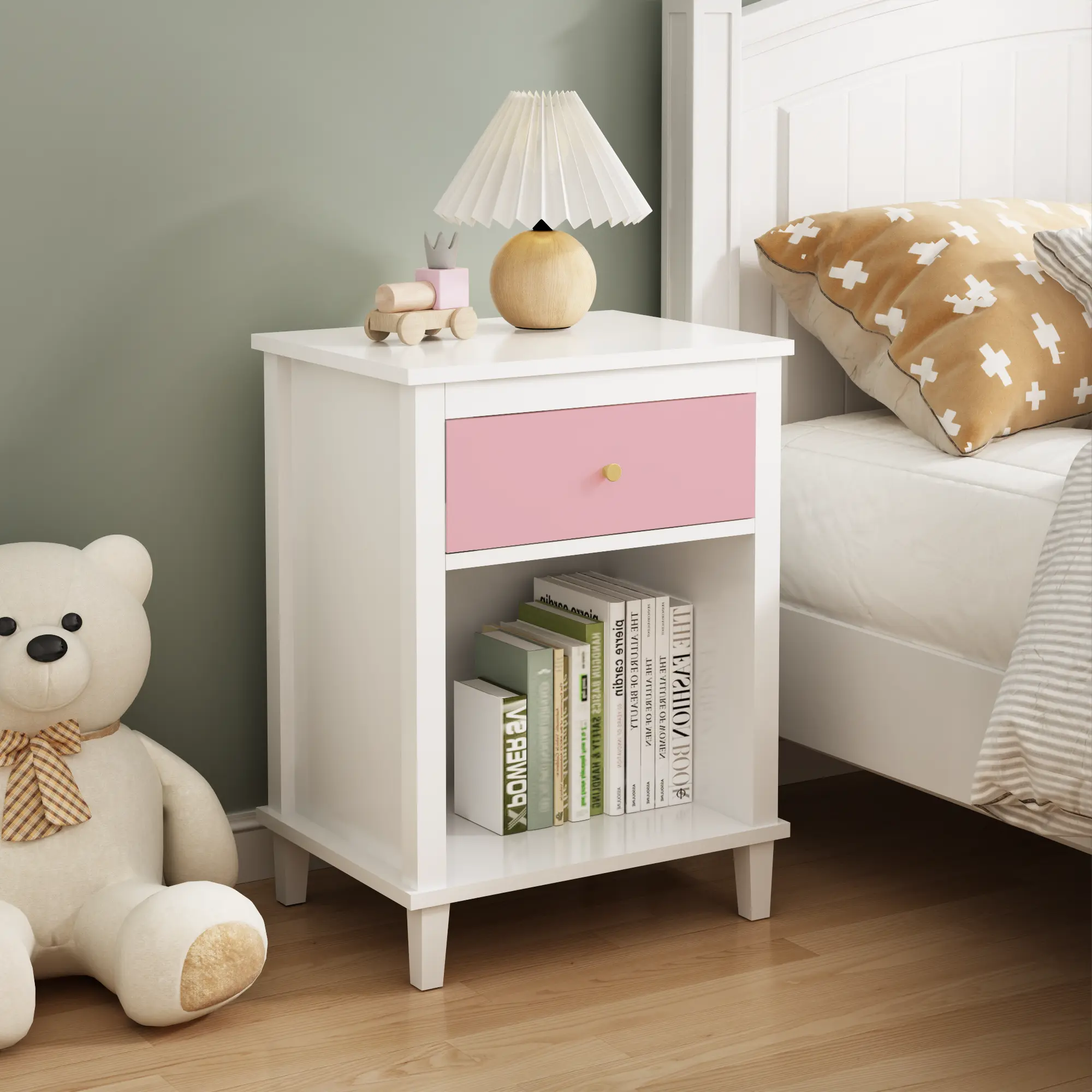 Dreamzon furniture 26.77''H Wooden Nightstand with One Drawer One Shelf  Adults, Pink Bedside Organize