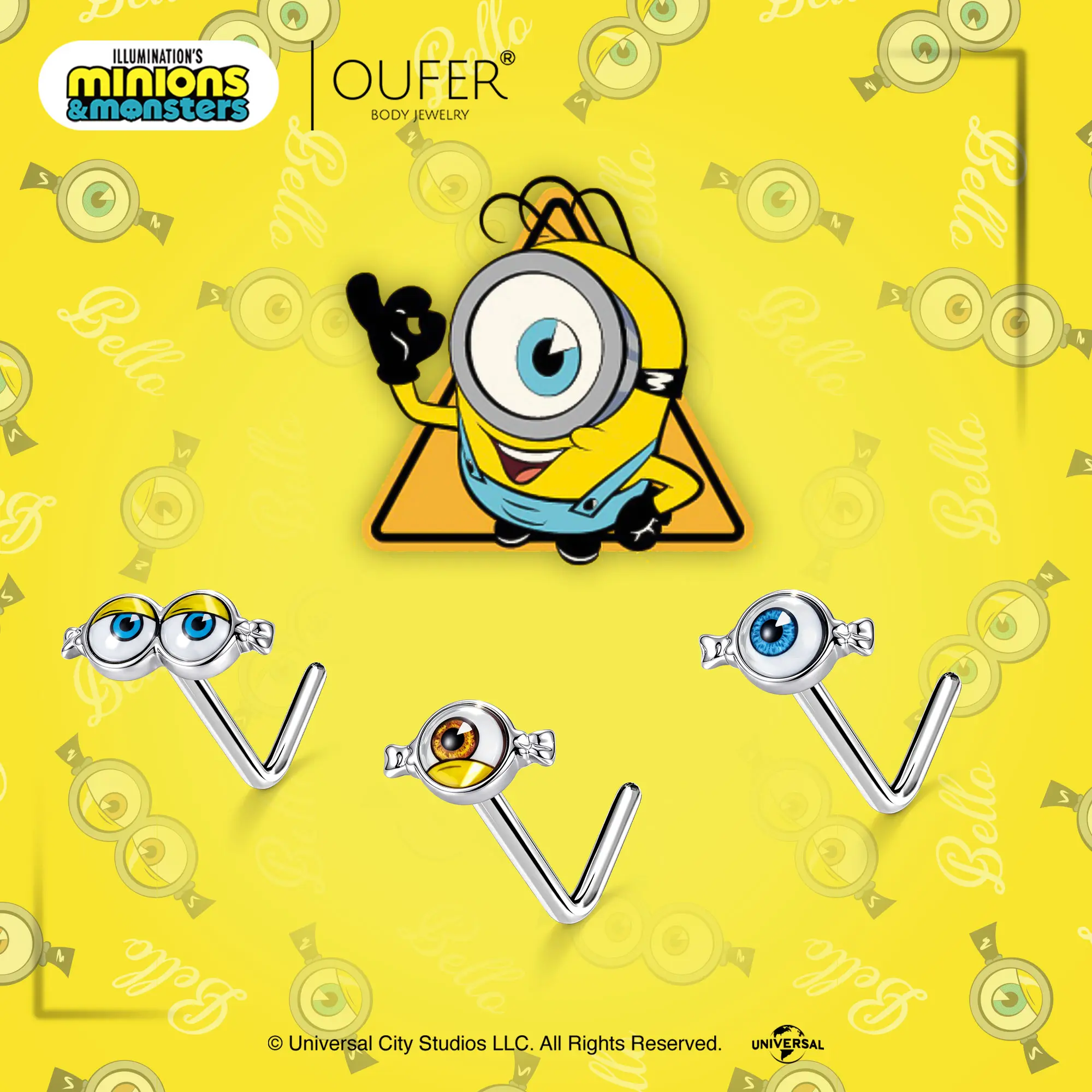 MINIONS × OUFER Eye Series 3PCS Official Licensed Minions & Monsters L Shape Nose Ring, 316L Stainless Steel Nostril Piercing, Cute Minion Eye Candy  Nose Stud Body Jewelry