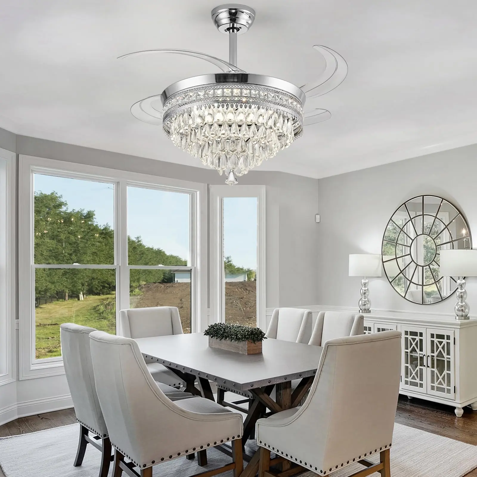 42 Inches Crystal Ceiling Fan Silver Crystal Ceiling Fan Chandelier with Remote 3 Speeds 3 Colors Changes Lighting Fixture, 4 Blades Retractable Fans for Bedroom Living Room Dining Room