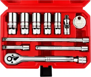 12 count Spark Plug Socket Set, 3/8" Drive Ratchet Handle with Mirror Polished Sockets, Spark Plug Gapper, Universal Joint and Extension Bar, Spark Plug  with Rubber Retaining Ring