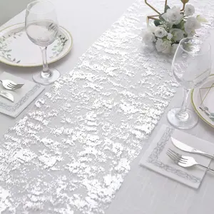 Mesh Polyester Table Runner Roll 108" Metallic Silver Distressed Foil Printing - Disposable Table Decor