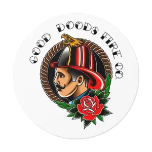 Vintage Firefighter Helmet Illustration Round Vinyl Sticker | Fireman Rose Emblem