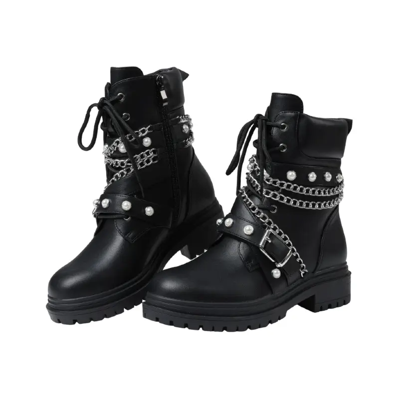 Women'S Lace-Up Platform Ankle Boots, Gothic Thick Sole Boots with Metallic Decoration And Chain Zipper, Punk Style Motorcycle Boots, Black, Women Shoes