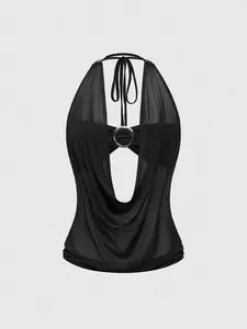 BRANDON Hippie Women's Y2K Retro Deep Draped Neck Backless Street Style Strapless Tank Top (Includes Tube Top Lining)