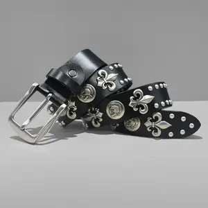 Black Leather Belt With Skull Studded Rivet & Metal Buckle, Y2K Western Waist Strap For Women Men Jeans