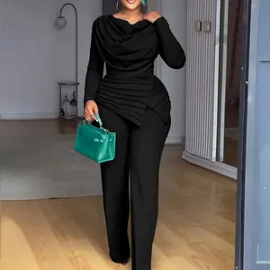 Cowl Neck Asymmetrical Patchwork Ruched Jumpsuit Casual Cinched Waist Zipper Back Straight Leg Jumpsuit