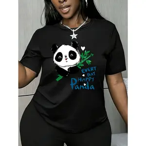 100% cotton women's short-sleeve top, cute panda EVERY DAY HAPPY PANDA cartoon animal print, comfortable, soft, breathable, suitable for spring, summer, and autumn, versatile women's top