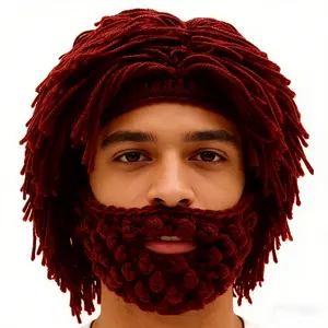 [One Beanie with Hair Wig Beard] Acrylic Punk Style Beanie with Attached Straight Hair Wig and Knitted Beard, Fun Party Ski Mask Hat for Halloween, Christmas, and Holiday Celebrations Costume