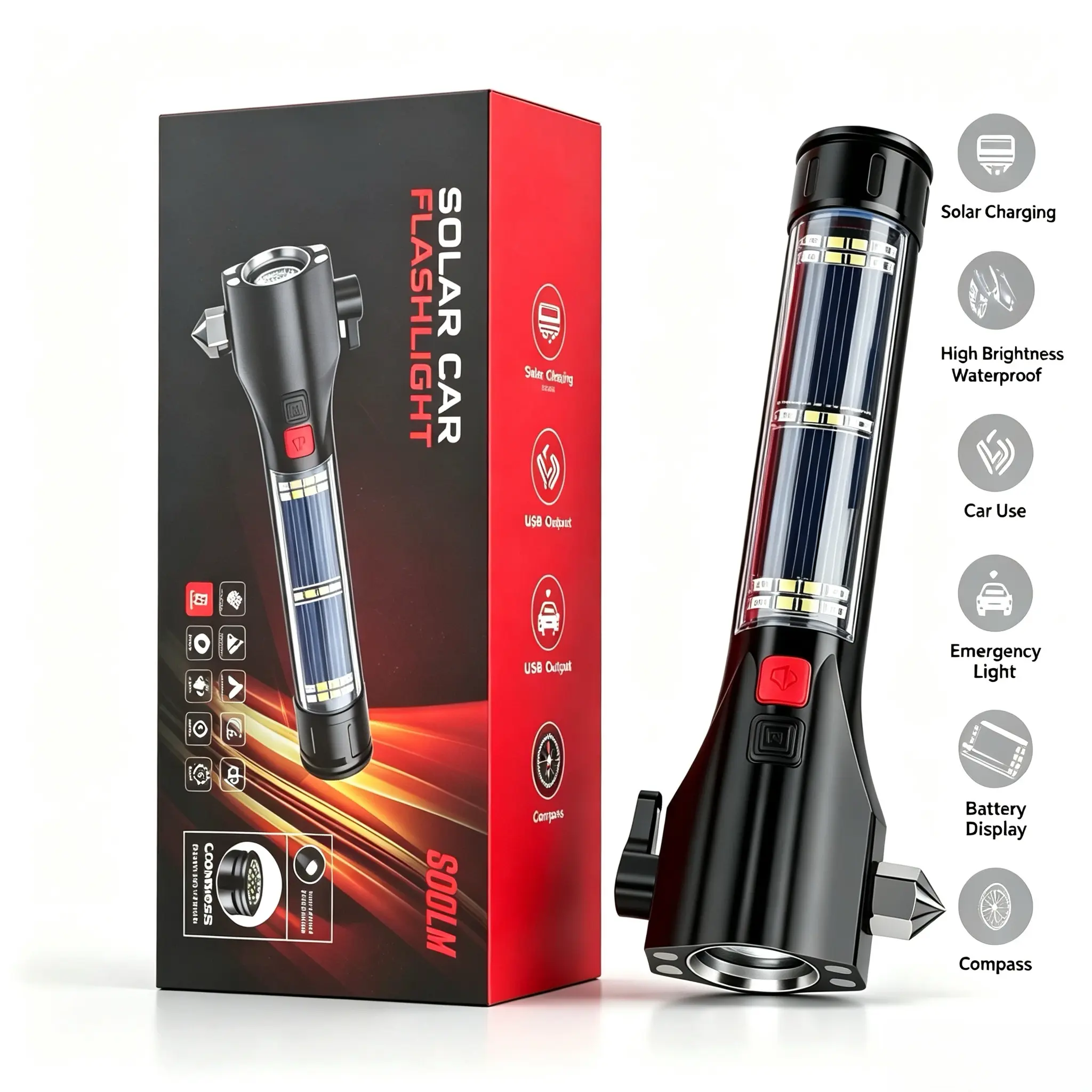 Multifunctional Solar Car Emergency Flashlight with Window Breaker, Seatbelt Cutter, Compass, USB Phone Charger, Waterproof Emergency Safety Torch for Vehicle Camping