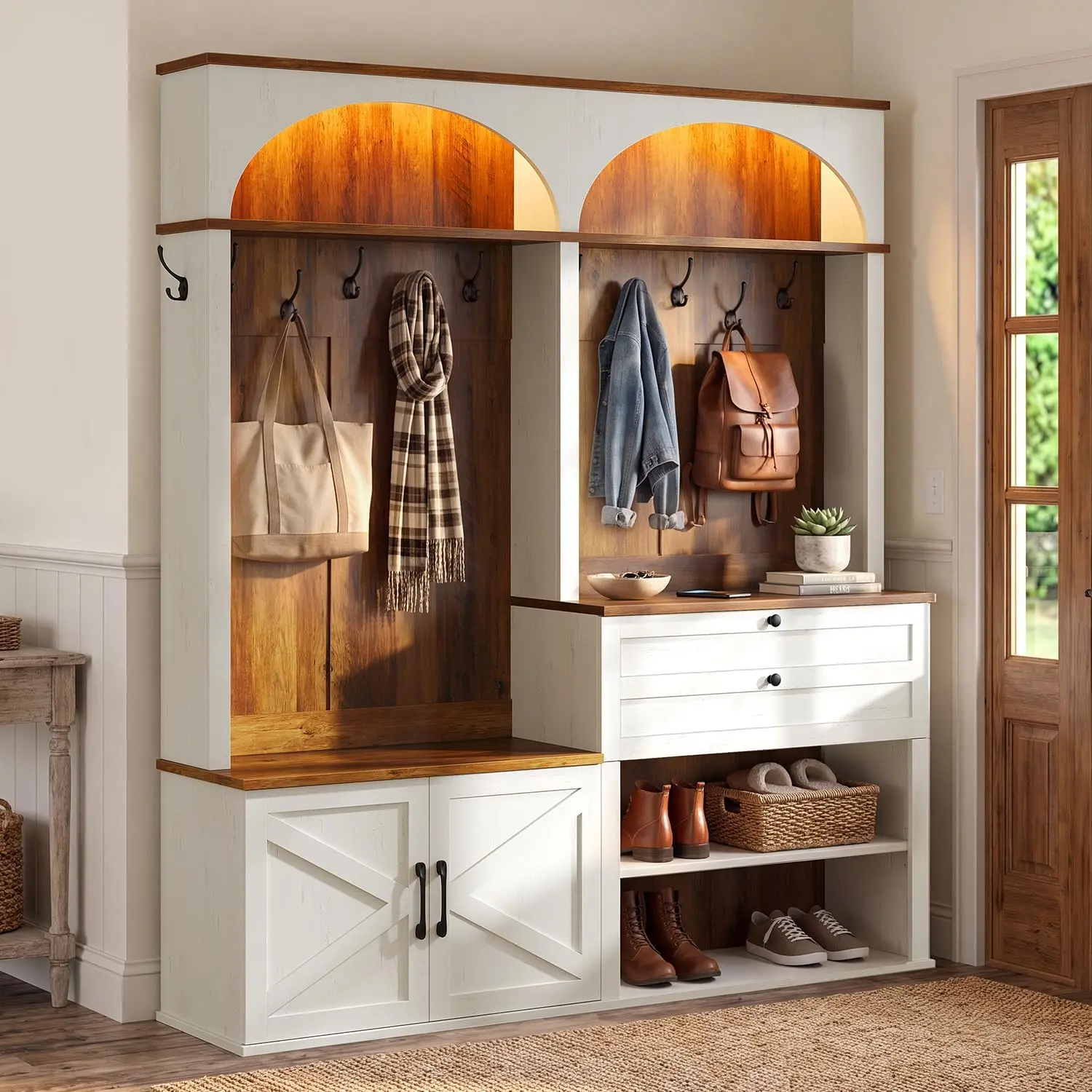 HAUOMS 59.1" Farmhouse Hall Tree with Bench, Shoe Storage, LED Lighting, 7 Coat Hooks, Adjustable Shelves, Drawers & Open Storage - Entryway Mudroom Indoor Furniture Cupboard, Entryway Decor, 59.1" Size