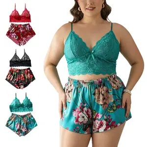 Plus Size Satin Lingerie Set Floral Print Shorts Pajamas Lace Cami Top Two Piece Sleepwear For Curvy Women Sexy Nightwear Spring Loungewear Free Nipple Covers Bralette Honeymoon Anniversary Gift Comfortable Intimates