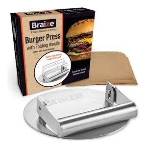 Braize Stainless Steel Burger Press with Folding Handle – 6.5 Inch Heavy-Duty Smash Burger Press for Griddle & Pan – Compact Storage, Dishwasher Safe, Includes 50 Non-Stick Paper Sheets for Perfect Smash Burgers Every Time