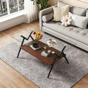 Dreamzon furniture Rectangle Coffee Table with Tempered Glass top and Black Metal Legs, Modern Table for Living Room , Transparent Glass