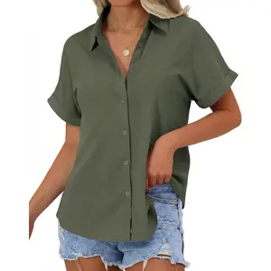 Womens Button Down Shirts, Cotton Short Sleeve Button Up Shirt Casual Spring Blouses Summer Vacation Tops