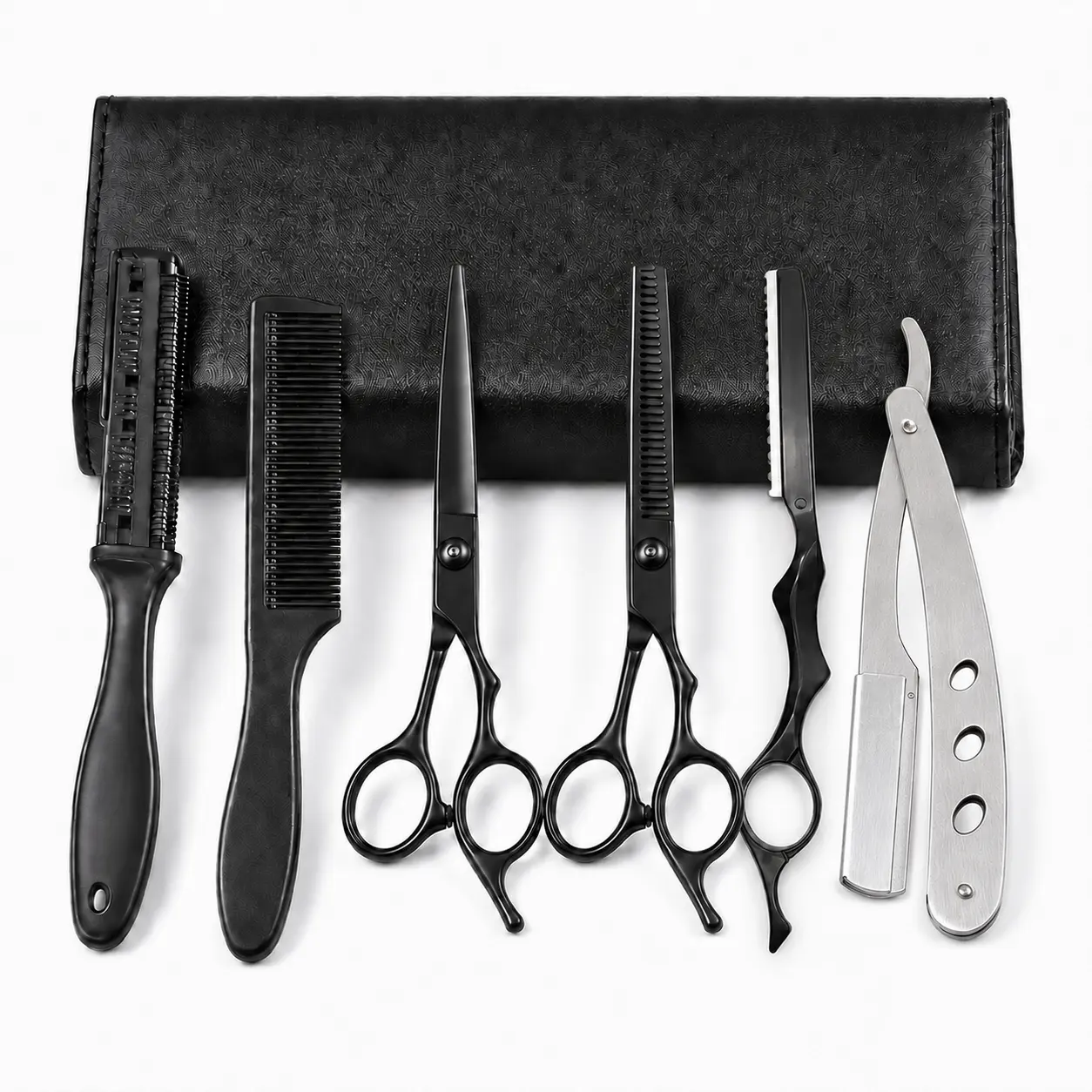 6PCS Professional Black Barber Haircutting Kit for Adults - Unscented Haircare Equipment with Stainless Steel Blades, Thinning Shears, Razor Comb, Texturizing Tools, Lightweight Volumizer for Salon & Home Use, Cutting Comb, Beard Trimming, Home Haircuts,,