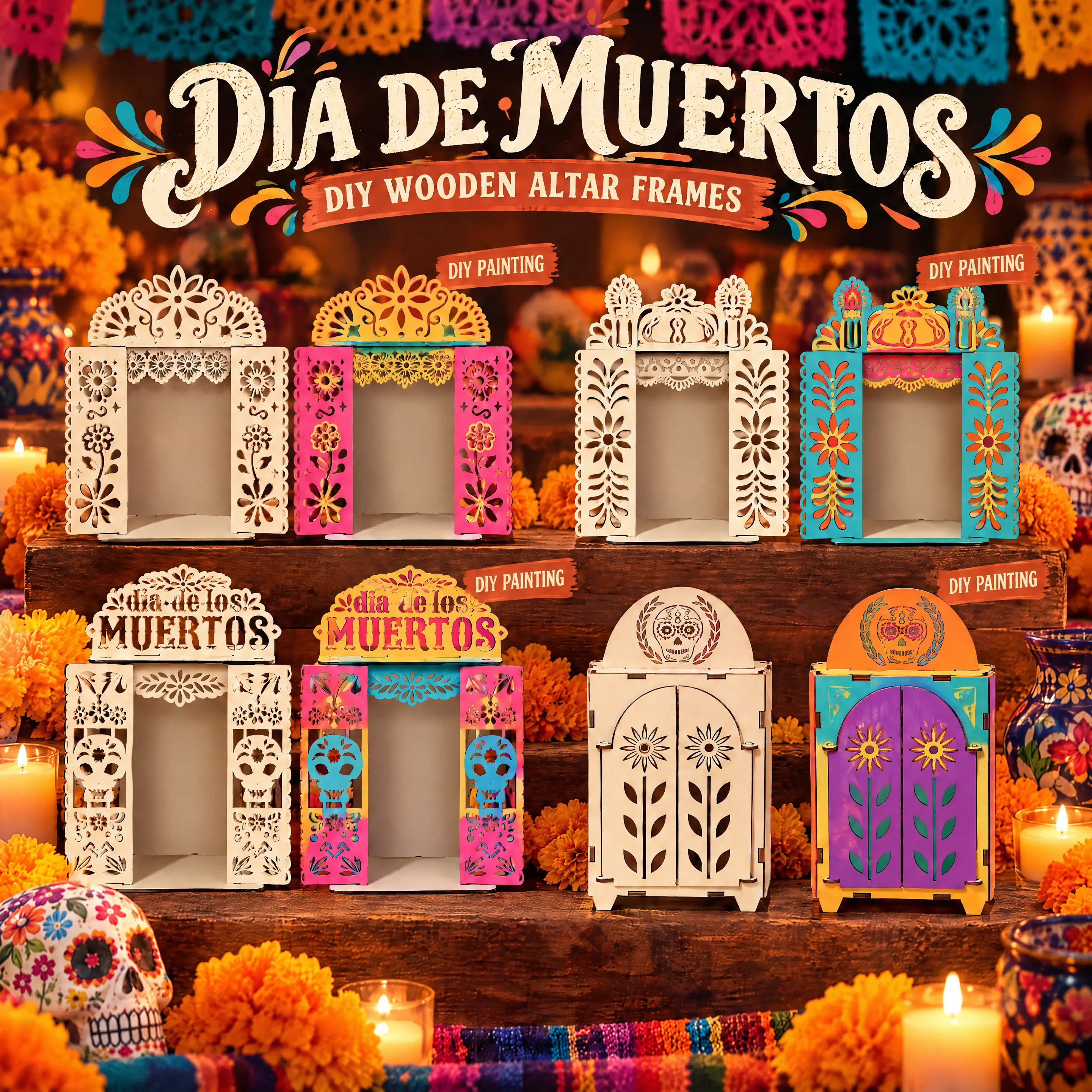 1/3Pcs Dia de los Muertos Ofrenda Shadow Box, Day of the Dead Altar DIY Wooden Picture Frame, Papel Picado Mexican Style Memorial Keepsake Display, Remembrance Gift for Family Ofrenda
