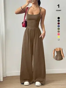 Women's Double Strap Backless Wide Leg Jumpsuit, Sexy Ruched Waist Design, Loose Fit & All-Season Wear, Ideal for Casual Occasions