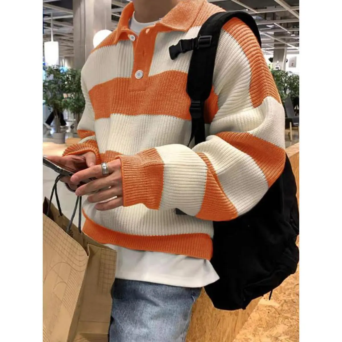 2026 Men's Patchwork Print Half Button Sweater, Loose Casual Drop Shoulder Collared Jumper for Fall & Winter, Fall Knit Tops Sweaters, Men's Crewneck, Men's Sweater, Sweater for Men's, Knitwear