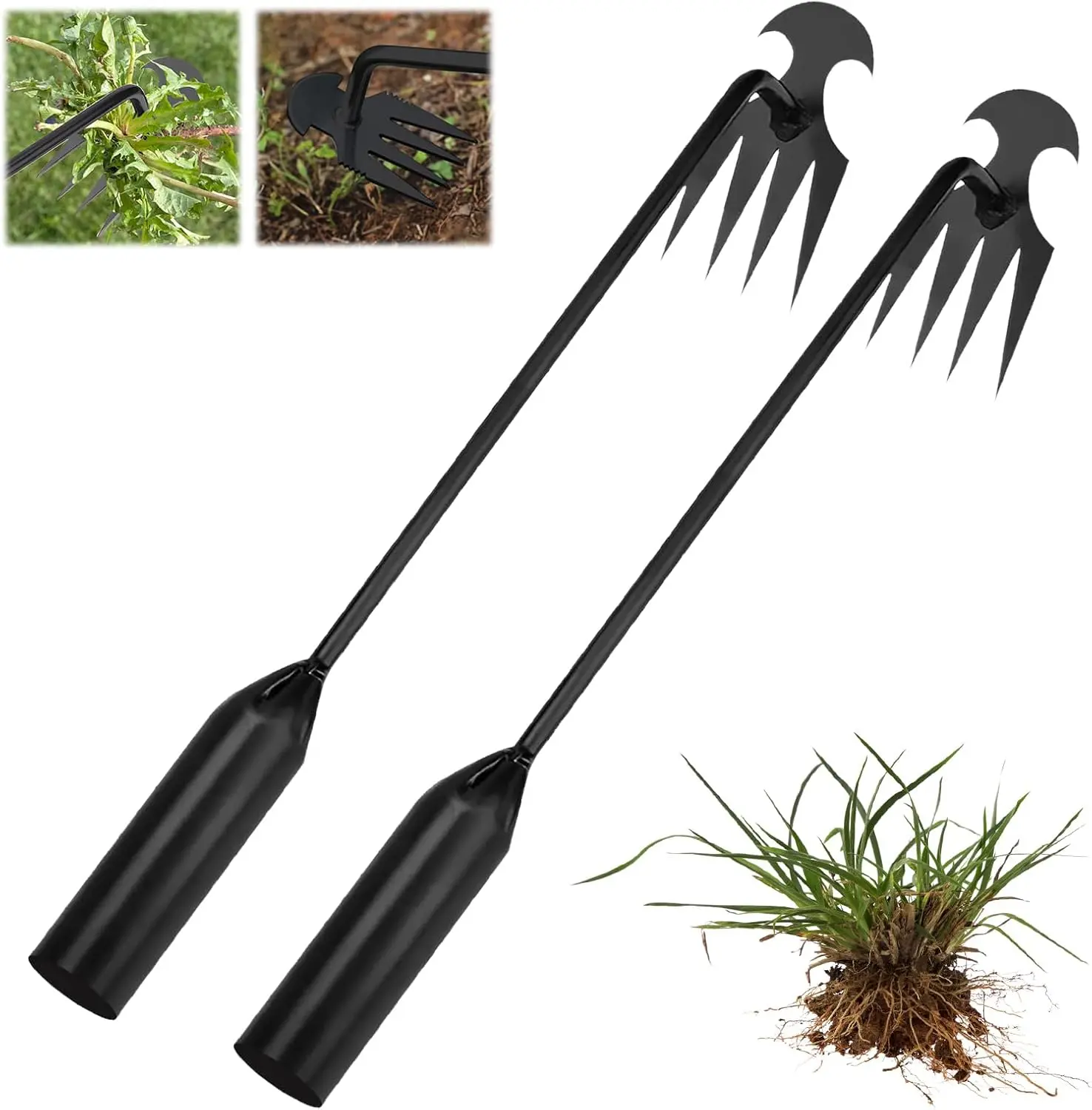 2 Pack 50 cm 4-Tine Manganese Steel Weed Puller Tool, Anti-Rust Uprooting Weeder for Garden Yard Farm Weeding Digging Planting