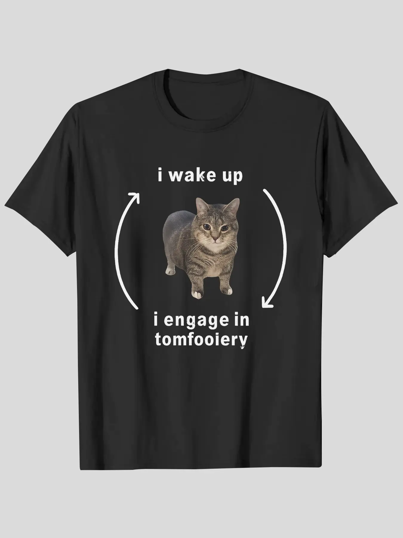 I Wake Up I Engage In Tomfoolery Silly Cat Meme Graphic Print Casual Streetwear Menswear Fitted Round Neck Long Knitted T-Shirt Clothes