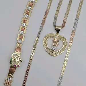 15TH year's beautiful Set chain with bracelet heart with rose three colors Gold-plated 24"inches fashion style