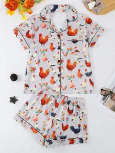 Women's Pajama Set, Cartoon Chicken Print, Fitted Casual Sleepwear, Nightwear Lounge Set, Loungewear, Breathable Short Sleeve Top & Elastic Shorts, All Seasons Comfort, Pjs, Pyjamas