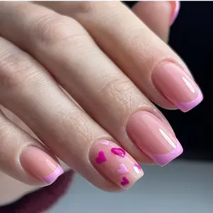 Press On False Nails French Tip False Nails Heart Glue Short Square Acrylic Nails Pink Full Cover