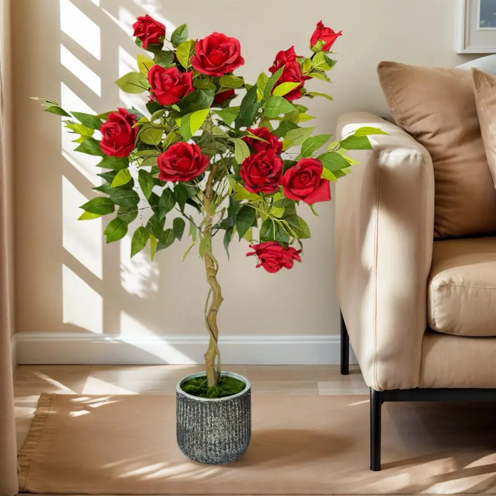 41-Inch Maintenance-Free Pre-Assembled Artificial Rose Tree - Ceramic Potted Decorative Plant for Indoor Use, Modern Minimalist Home Improvement & Garden Supplies Essential