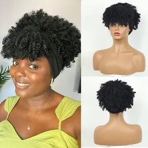 Short Afro Kinky Curly Headband Wigs Fluffy Curly Scarf Wig with Bangs Natural Synthetic Afro Curly Head Band Wig Cosplay