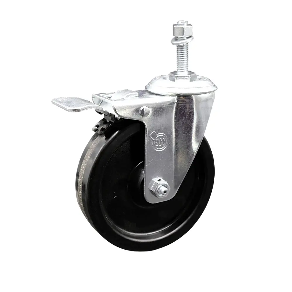 Service Caster SCC-TSTTL20S514-PHR-M1015 Commercial Phenolic Swivel Threaded Stem Caster - 5x1.25 in Black Wheel, 10 mm Stem, Total Locking Brake, Roller & Ball Bearing, 300 lbs Capacity, High Impact Resistance, for Material Handling Carts, Equipment, 5 X