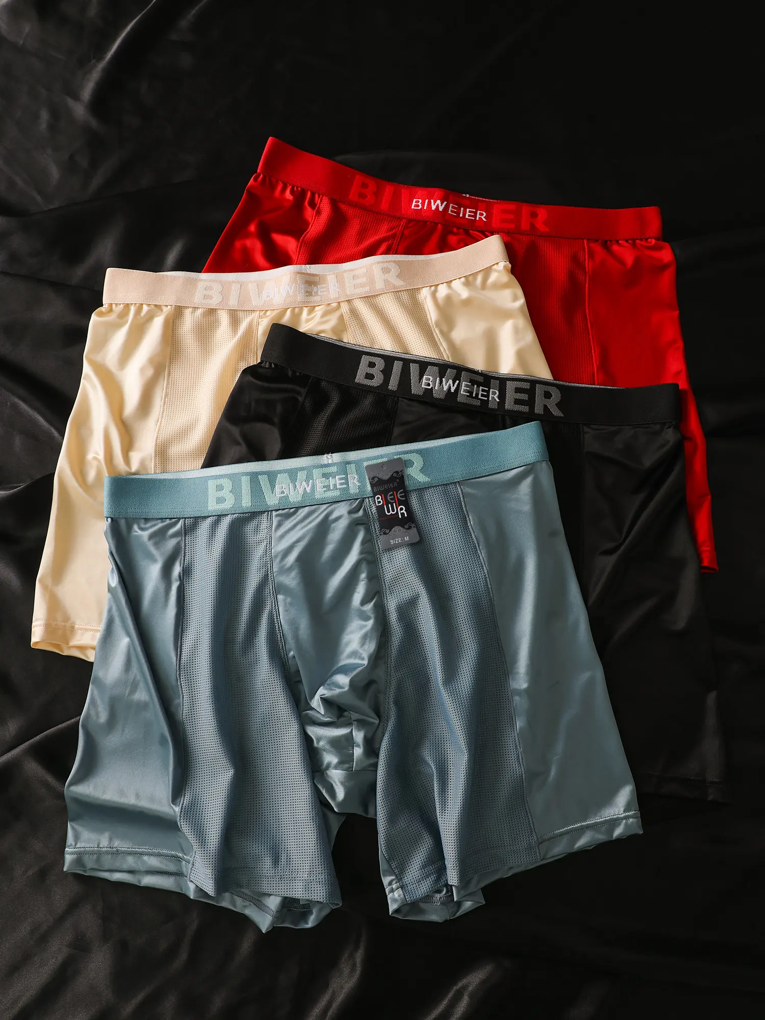 4 pcs BIWEIER men’s satin briefs underwear, casual and comfortable, long length, high-end and understated luxury, in the Morandi color series, soft and comfortable, stylish shorts, suitable for men’s everyday wear and sports