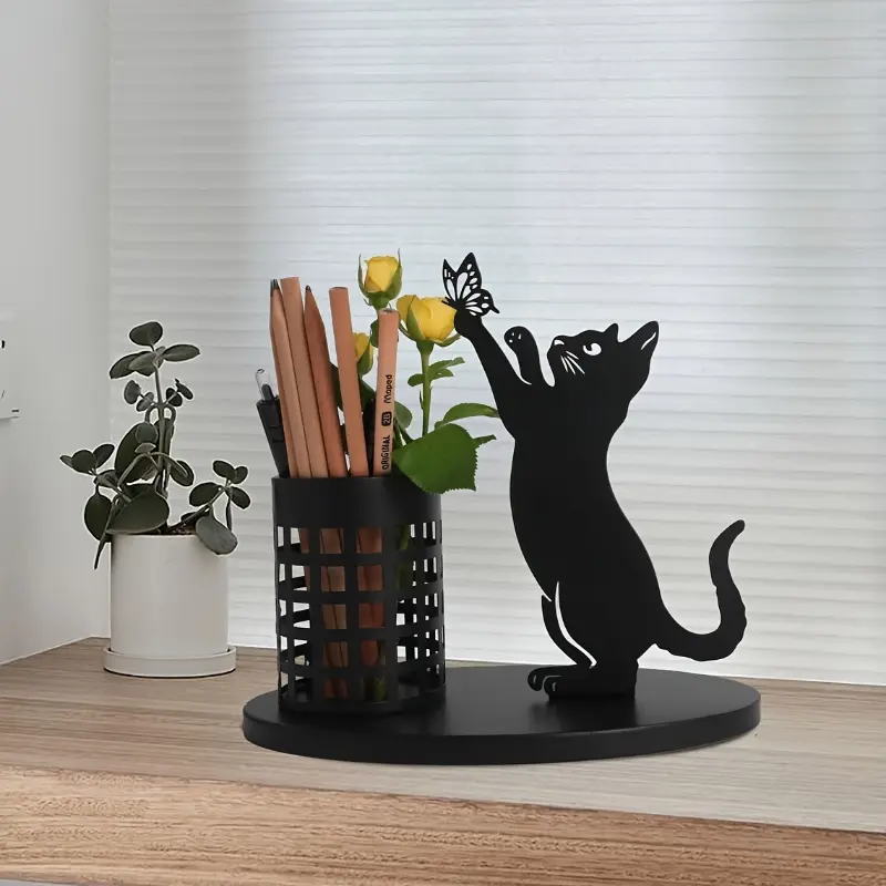 Charming Black Cat Metal Pen Holder - Creative & Fun Desk Organizer, Durable Metal Construction, Ideal for Pens & Small Items, Stationery Holder|Catthemed Organizer|Durable Pen Holder