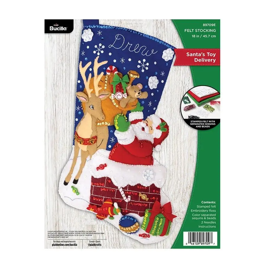 Bucilla® Playful Santa & Deer Seasonal Felt Stocking Kit - Santa’s Toy Delivery, 89709E, 18 in, Comprehensive Kit with Embroidery Floss, 2 Embroidery Needles, Easy-to-Follow Instructions, Personalizable for All Ages