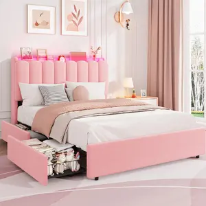 LED Full Bed Frame with Storage Headboard,Kids Bed Frame with 2 Drawers,Boucle Upholstered Platform Bed for Girls,Chic Wavy Headboard with Bookcase,No Box Spring Needed,Pink