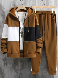 Men's Color-Block Sportswear Set for Autumn & Winter - Hooded Sweatshirt & Casual Long Pants - Fashionable Zipper Cardigan Design - Perfect for Home Sports Valentine's Day Christmas Halloween Gifts