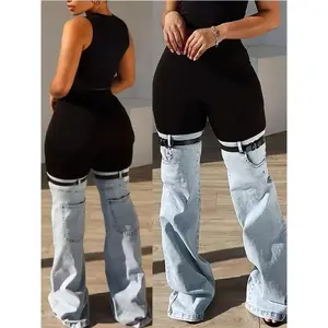 Women High Elastic Waist Two Tone Trendy Patchwork Jeans With Garter Belt Detail – Unique Streetwear Style