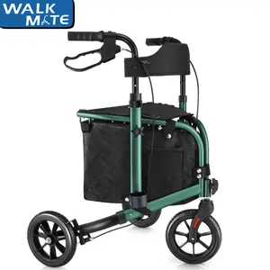 WALK MATE 3 Wheel Rollator Walker with Seat for Slim Seniors Padded Backrest Lightweight Foldable Walker Ideal for Elderly 8 Inch Tri-Wheel Modern Mobility Walking Aid Aluminum Green