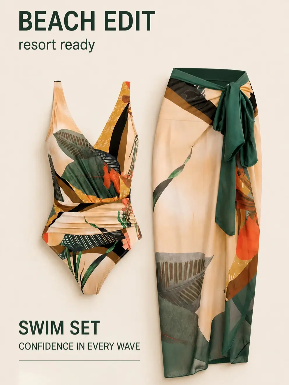 Women's 2-Piece Tropical Print Bikini Swimwear Set, Deep V-Neck Ruched One Piece Bathing Suit with Matching Tie Waist Wrap Sarong Skirt Cover Up for Beach Resort and Summer Vacation Gift Dating Outfit swimweek vacationoutfits # beach swim attire Tankini