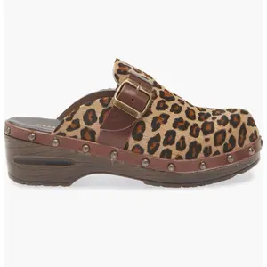 Yuna Genuine Calf Hair Clog Leopard Print with Buckle Closure and Stud Accents