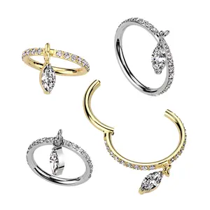16G Dangle Marquise Clicker Hoop • Nose Ring • Dangle Conch Ring • Helix Hoop Ring • Hinged Clicker Hoop • Rook Hoop • Gold • Titanium