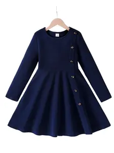 Girls' Hidden Blue Round Neck Button Embellished Ruffle Detail Dress, Casual Fitted Style, Comfortable Fashion, Fall & Winter, Pleated Dresses