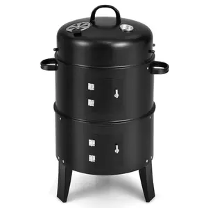 3-in-1 Outdoor Smoker Grill, Portable Charcoal BBQ Grill, Built-in Thermometer and Air Vent, 6 Hooks, 2 Layers Vertical Steel Charcoal Smoker for Outdoor Cooking Camping