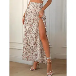 Ditsy Floral Print Split Thigh Skirt Maxi Women Outfit