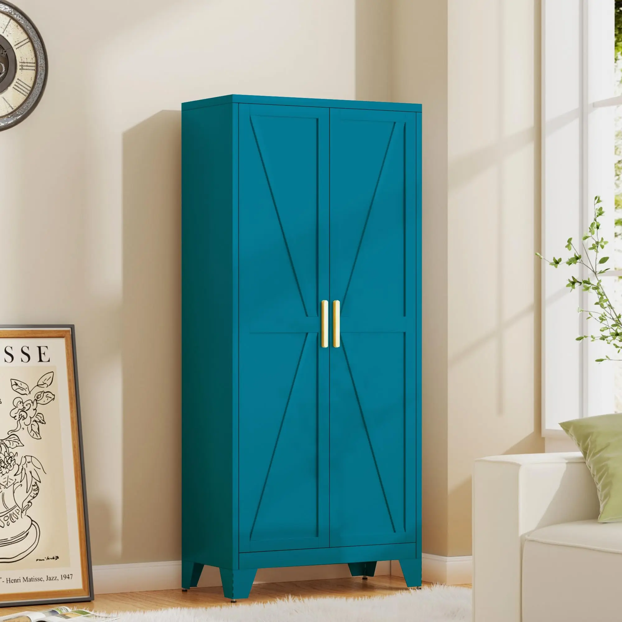 61H Metal Storage Cabinet with 2 Doors and 5 Shelves,Farmhouse Storage Cabinet with Barn Doors,Pantry Storage for Home,Office,Bathroom,Dining Room,Kitchen(Blue)