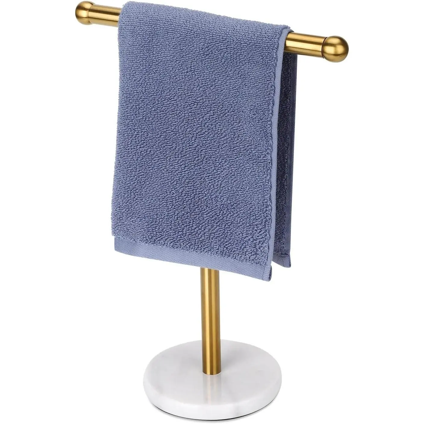 Gold 304 Stainless Steel Free-Standing T-Shape Hand Towel Holder Stand, Natural Marble Heavy Base, Compact Design, 14.4” Height, 4.9” Diameter, Easy Care for Bathroom Vanity Countertop, Elegant Gold Finish